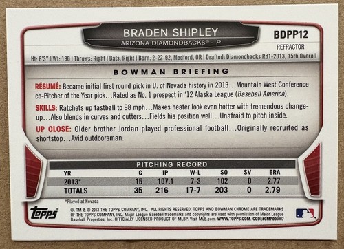 2013 Bowman Chrome Draft Draft Picks Refractors #BDPP12 Braden Shipley DBacks - Picture 2 of 2