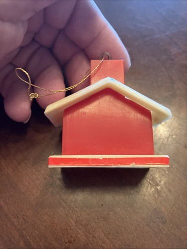 Vintage MCM Christmas Ornament Plastic Snowman With Christmas Tree Red House - Picture 7 of 11