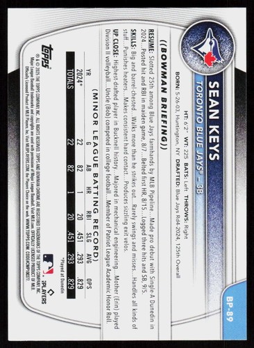 2025 BOWMAN SEAN KEYS #BP-89 Baseball CARD BLUE JAYS 1ST - Picture 2 of 2