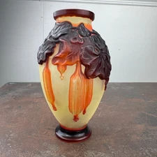 Emile Galle Art Nouveau Cameo Glass Case c.1920s Soufflé Vase w/ Hanging Fruit