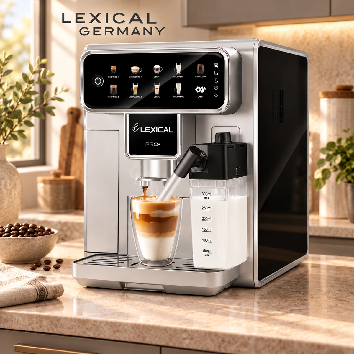 Máquina de café automática Lexical Germany 1300 W, 15 bares, molinillo y leche incorporados