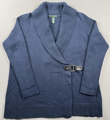 Lauren Ralph Lauren Sweater Womens Large Blue Shawl Collar Buckle Cardigan Knit - Picture 1 of 6