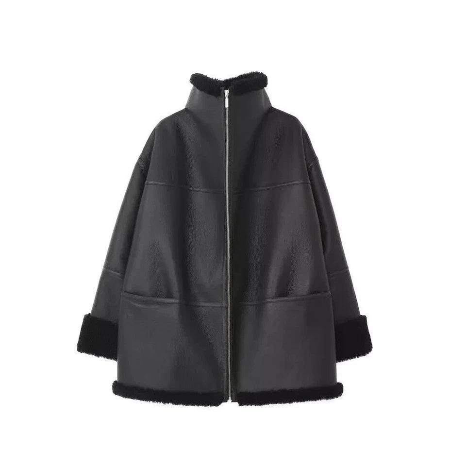 Women Black Faux Shearling Bomber Jacket Real Sheepskin Leather RAF Aviator Coat - Image 3 of 4