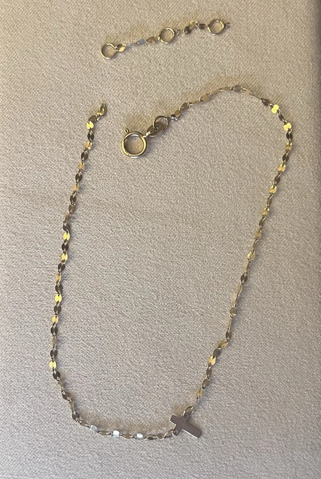 10K Gold Kreuz Fußkettchen | zierliche diamantgeschliffene Kette | reparaturbedürftig | - Bild 1 von 1