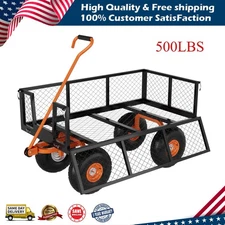 500Lbs Steel Garden Cart Utility Wagon with Removable Mesh Sides Rotating Handle