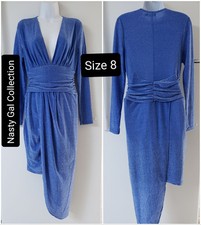 Nasty Gal Collection Sexy Bodycon Dress Blue Glittery High-low V-neck Longsleeve