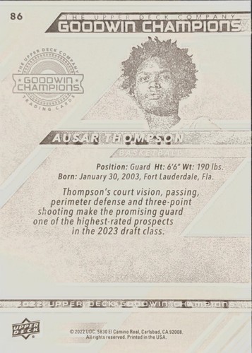 2022 Upper Deck Goodwin Champions Ausar Thompson Basketball Base #86 - Picture 2 of 2