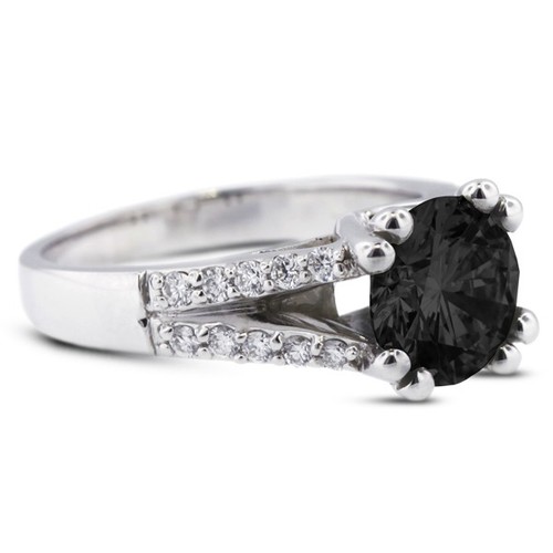 3.61 TCW Black Round Brilliant Natural Certified Diamonds Plat Side-Stone Ring - Picture 4 of 11