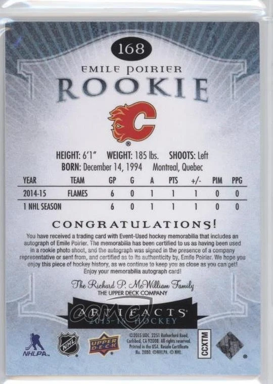 2015-16 Artifacts Rookies Silver Material /125 Emile Poirier #168 Rookie Auto RC - Image 2 of 2