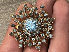 Vintage Blue Rhinestone Starburst Brooch Pin Tone Sunburst MCM 2" Snowflake