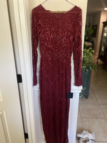 Sheer Fascination Burgundy Sheer Mesh Sequin Fringe Maxi Dress Med - Picture 2 of 8