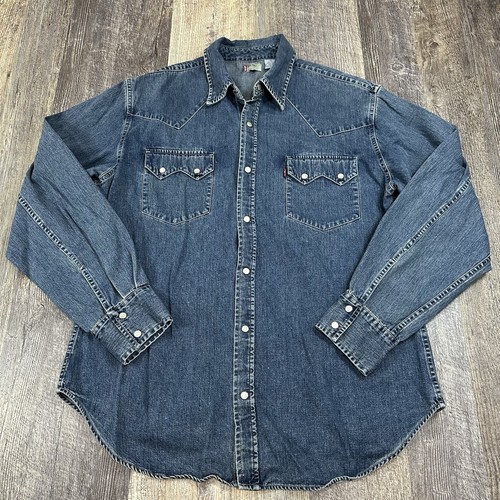 Levis Red Tab Herren Blau Western Denim Pearl Snap Hemd Langarm Large Vintage