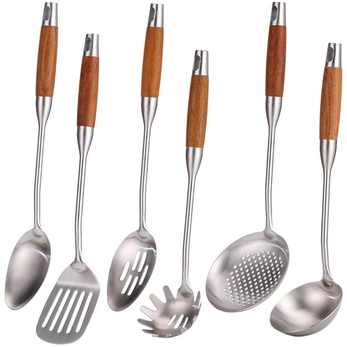 18/10 Stainless Steel Kitchen Utensils Set with Wood Handle - 15” Long Metal ...