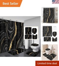 Stylish 4 Pcs Black Marble Shower Curtain Set with Gold Accents for Modern Baths