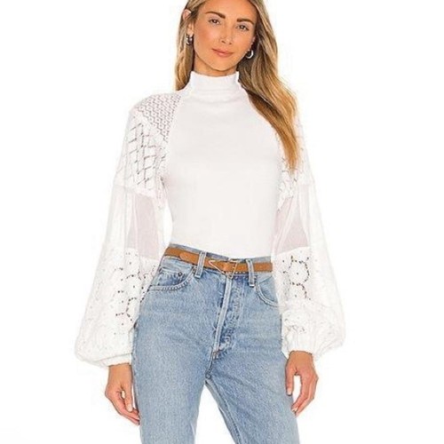 FREE PEOPLE Love Too Much Top Crochet Style Lace Balloon Sleeve Size M Ivory - Picture 3 of 17