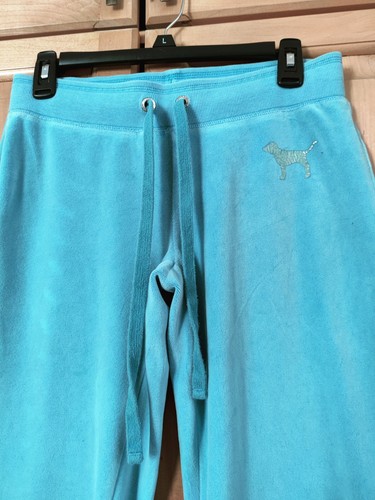 Victoria's Secret Velour Flared PINK Puppy LOGO Sweat Pants S Blue - Picture 5 of 13