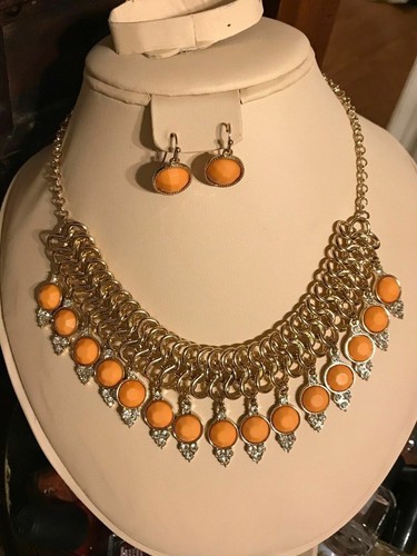Classic Gold 18" Necklace Earring Set With Orange Stone and Crystal Accents - Picture 7 of 9