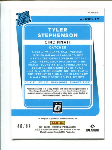 Panini Donruss Optic Rated Rookie Blue Mojo 2021 automático radiocontrol Tyler Stephenson/99 ⚾ - Imagen 2 de 2