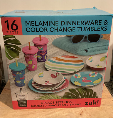 Zak 16pc 100 Melamine Dinnerware & Color Change Tumblers