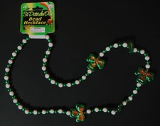 ST PATRICKS DAY BEAD NECKLACE w/SHAMROCKS DECORATED w/GOLD GLITTER BEAUTIFUL