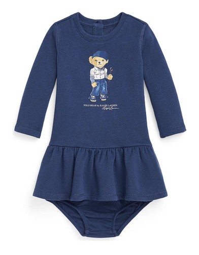 NWT New Ralph Lauren Baby Girls Blue Polo Bear Fleece Dress & Bloomer 6M $69
