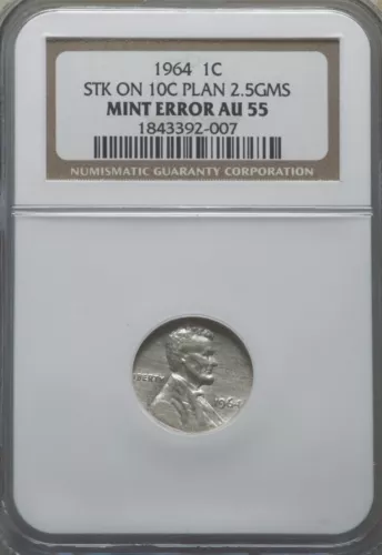 1964 NGC AU55 Lincoln Cent on SILVER Dime 🔴 1C Struck on Silver 10C Planchet!!!