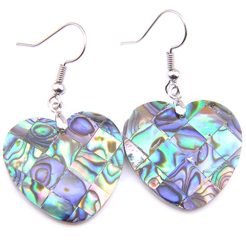 25MM Big Heart Shape Natural Abalone Shell Gems Silver Dangle Women Earrings - Picture 6 of 6