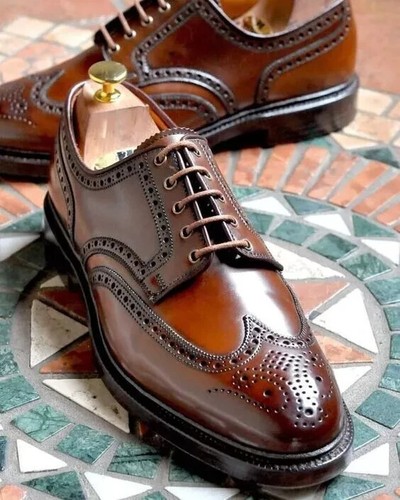 Handmade Genuine Brown Leather Lace Up Oxford Brogue Formal Dress Shoes For Men - Picture 5 of 5
