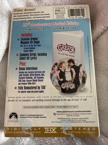 New VHS 20th Anniversary Edition Grease Travolta Newton-John Megamix CD Manual - Picture 2 of 3