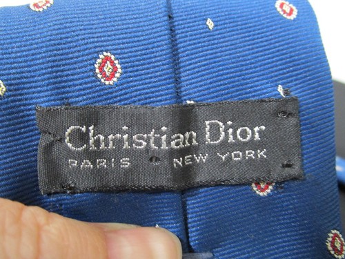 Vintage 80's Christian Dior Blue Dot Pattern & Logo Thin Skinny 57" Neck Tie - Picture 6 of 7