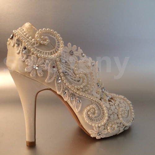Zapatos de novia su.cheny 3"" 4"" tacón satén blanco marfil perlas de encaje puntera abierta boda zapatos de novia - Imagen 10 de 12