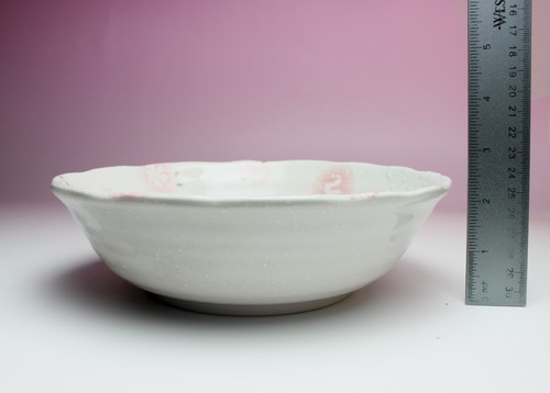 Fine Stoneware Serving Bowl Bunny Rabbit Flower w Pearl Luster Iridescent Swirl - Foto 11 di 11