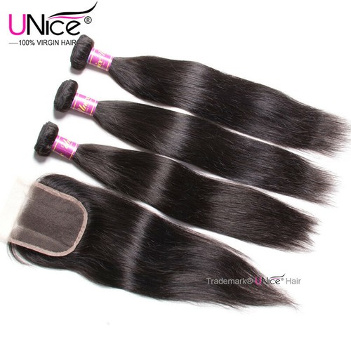 UNice Peruvian Straight 3 Bundles Human Hair Extensions With Lace Closure Weaves - Picture 10 of 12