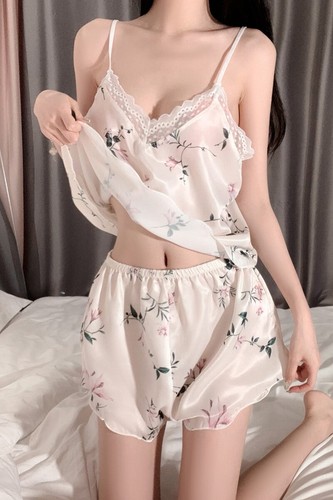 Women's Sexy Silky Satin Delicate Floral Print Lace Trim Pajama Set Cami &Shorts - Picture 31 of 39
