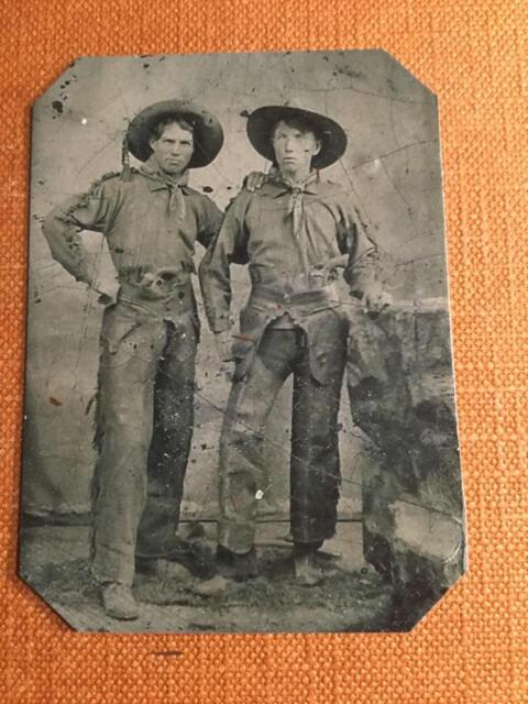 Two Western Cowboys with pistols in their belts tintype C339RP Two Western Cowboys with pistols in their belts tintype C339RP