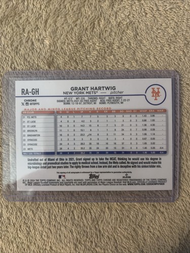 GRANT HARTWIG 2024 Topps Chrome #RA-GH Rookie AUTO RC New York Mets - Picture 2 of 2
