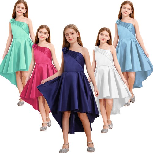 Kids Girls Dresses Graduation Prom Dress Skirt Gown Ceremony One Shoulder Ball - Picture 3 of 68