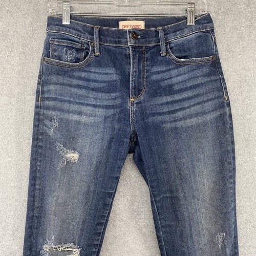 Pantalones de mezclilla para mujer Driftwood 27 azul bordado floral dobladillo algodón elástico - Imagen 2 de 15