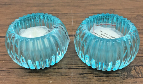 Vintage Blue Glass Candle Holders – Ribbed Tealight Holders (Set of 2) - Picture 1 of 6