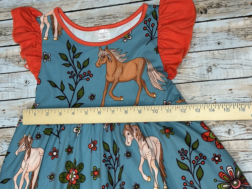Penelope Plumm Girls Size 8 Horse Floral Aqua Blue Red Dress Sleeveless Ruffle - Picture 6 of 11