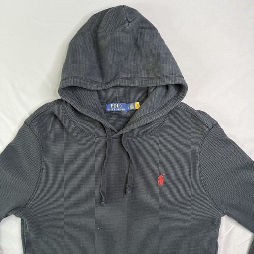 Polo Ralph Lauren Mens Large Black Waffle Knit Pullover Hoodie Slim Fit Pony Red - Picture 2 of 18