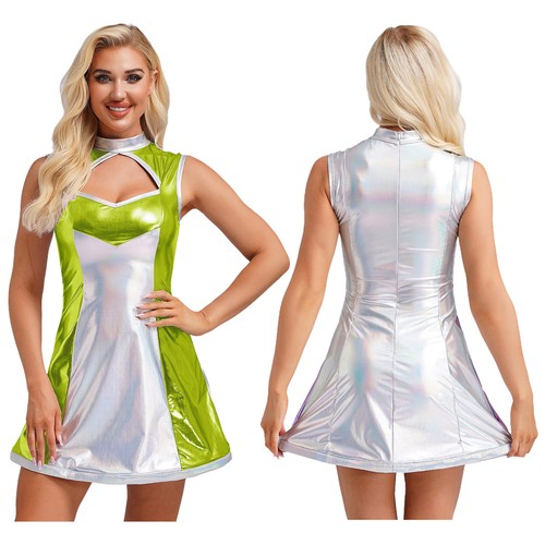 Damen Alien Dress-up Stehkragen Minirock Paradekleid Kontrast Tanzkleidung glänzend - Bild 43 von 70
