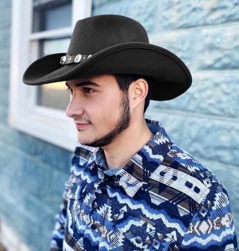 Studded Pinched Cowboy Hat - Women's Wide Brim Fedora with Buckle | Size Medium - Picture 6 of 11