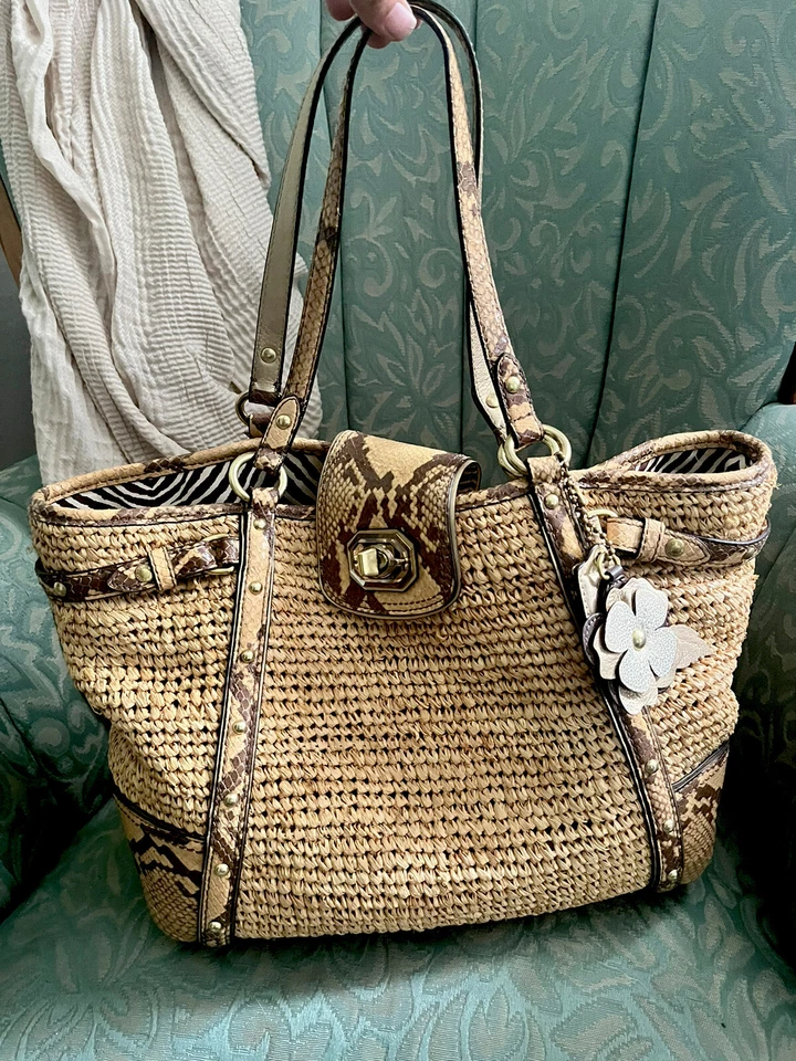 蔻驰亚历山大草柳条蛇皮皮革装饰托特包钱包蟒蛇