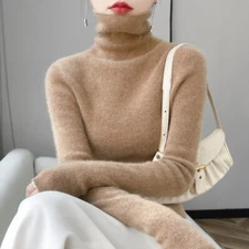 Womens 100% Wool Cashmere Sweater Pullover Turtleneck Slim Fit Knitted High Neck