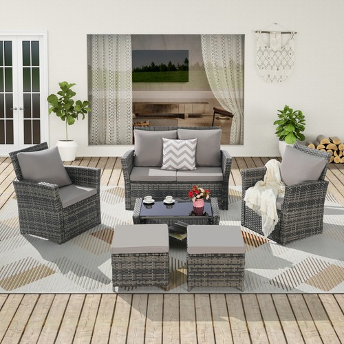 6 Piece Wicker Patio Furniture Sets with Ottoman & Tempered Glass Coffee Table - Picture 4 of 4