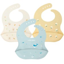 Silicone Baby Bibs Set of 3 Soft Waterproof Bibs for Babies Toddlers with F...