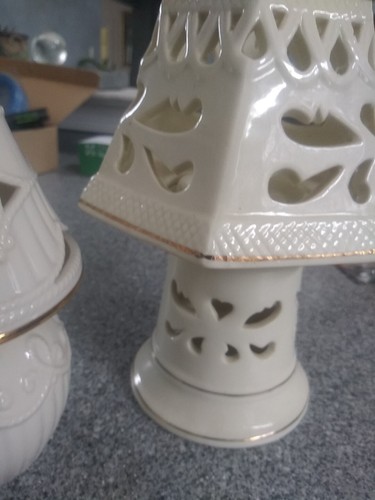 2 Ceramic Filigree Tea Light Pedestal and Shade Ivory 7 1/4” &5 1/2 - Picture 11 of 17