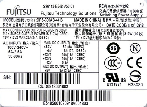 Fujitsu Power Supply Fujitsu S26113-E548-V50-01 300W DPS-300AB-44 B - Picture 3 of 3