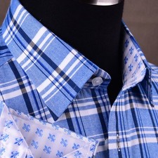 Clearance Blue Checkered Flannel Formal Dress Shirt Business Untucked Style
